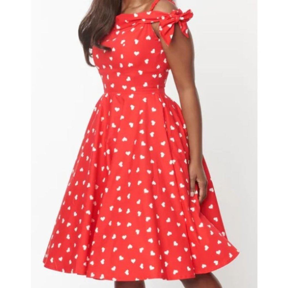 Magnolia Place Chloe Swing Dress Red White Heart Retro Tie Sleeves Rockabilly XS